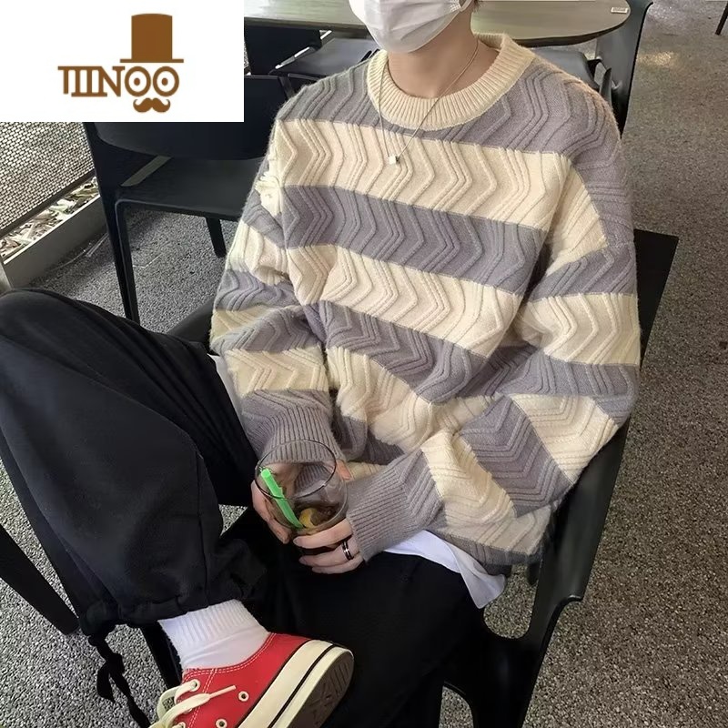 YANXU麻花毛衣男生款宽松慵懒风美式复古日系打底圆领针织衫上衣 灰色 2XL
