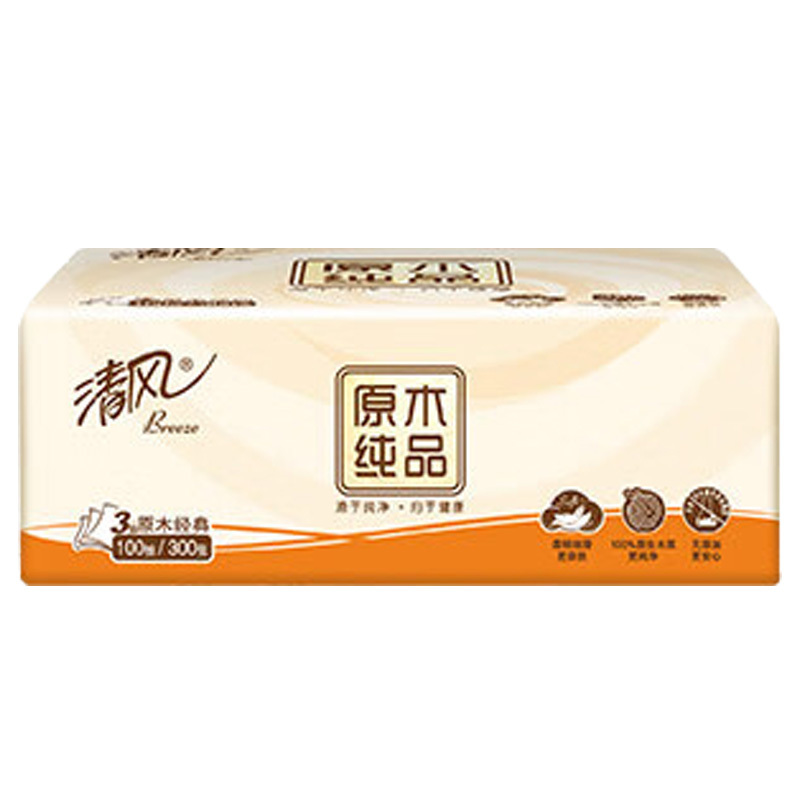 清风抽纸原木纯品湿水不易破不易掉屑3层100抽*1包BR12XSC24BC(包装随机)