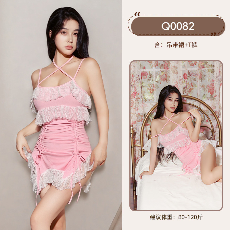 九里晴川情趣内衣女露背包臀花边吊带裙睡裙连衣裙睡衣甜美性感 九里晴川Q0082【甜美连衣裙-玫红】 均码_61高清大图