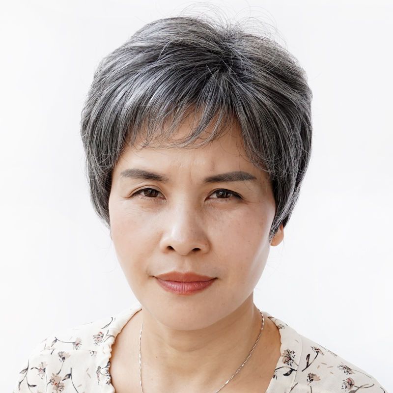 假发女短直发中老年妈妈全头套式自然发型舞台表演老奶奶灰白色款