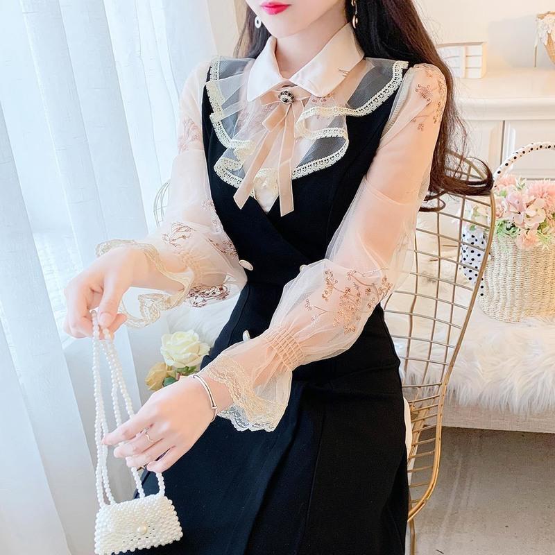 连衣裙女2021春秋新款洋气假两件轻奢名媛小香风高端显瘦衬衫裙子【8天内发货】 黑色 S