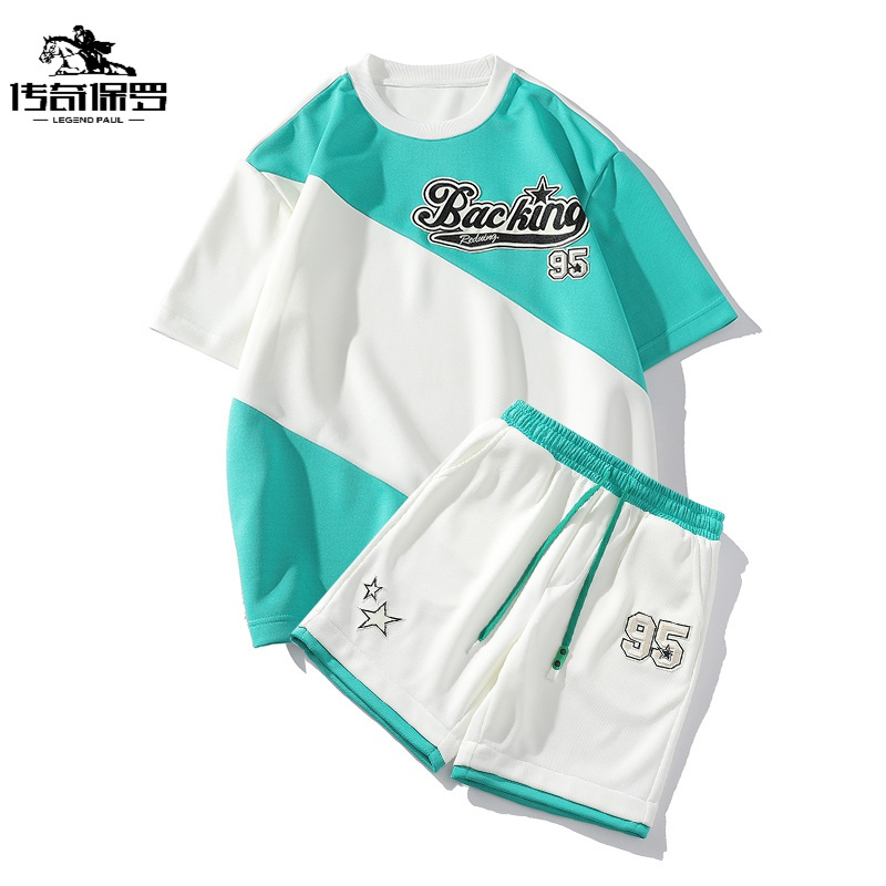 传奇保罗(CHUANQIBAOLUO)休闲运动套装男夏季港风潮牌拼色两件套短袖T恤纯色百搭短裤一套搭配