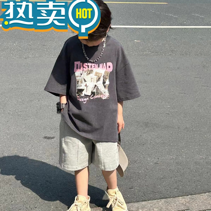 绿彩虹光韩国童装女童短袖T恤2023夏装男童圆领上衣韩版洋气儿童宽松t