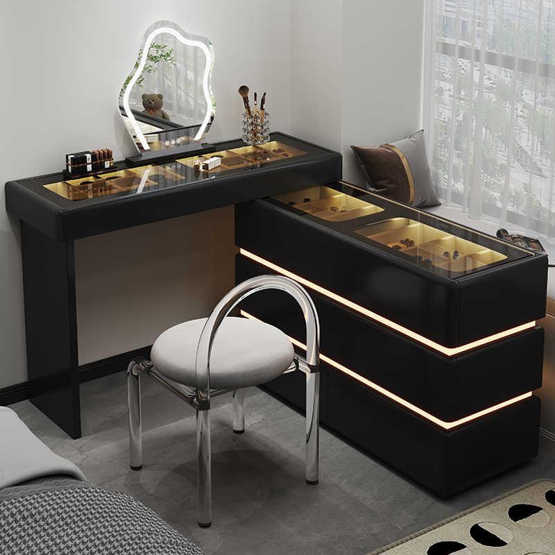 欧梵森奶油风梳妆台斗柜一体可伸缩转角带感应灯化妆桌现代简约卧室收纳柜高清大图