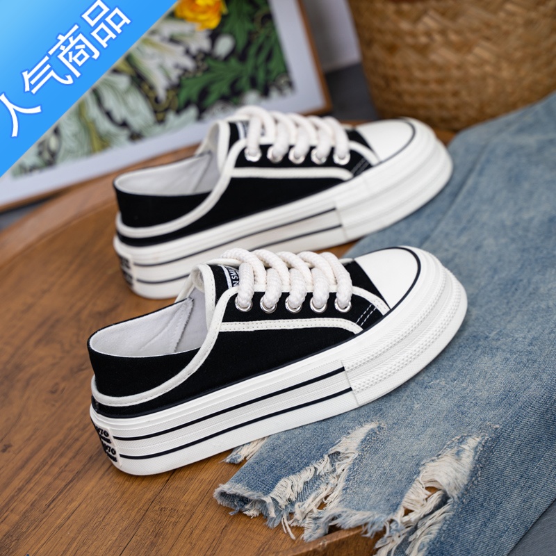 SUNTEK帆布鞋女2023年夏季新款透气女鞋厚底可踩后跟两穿小白鞋夏款鞋子 黑色 40