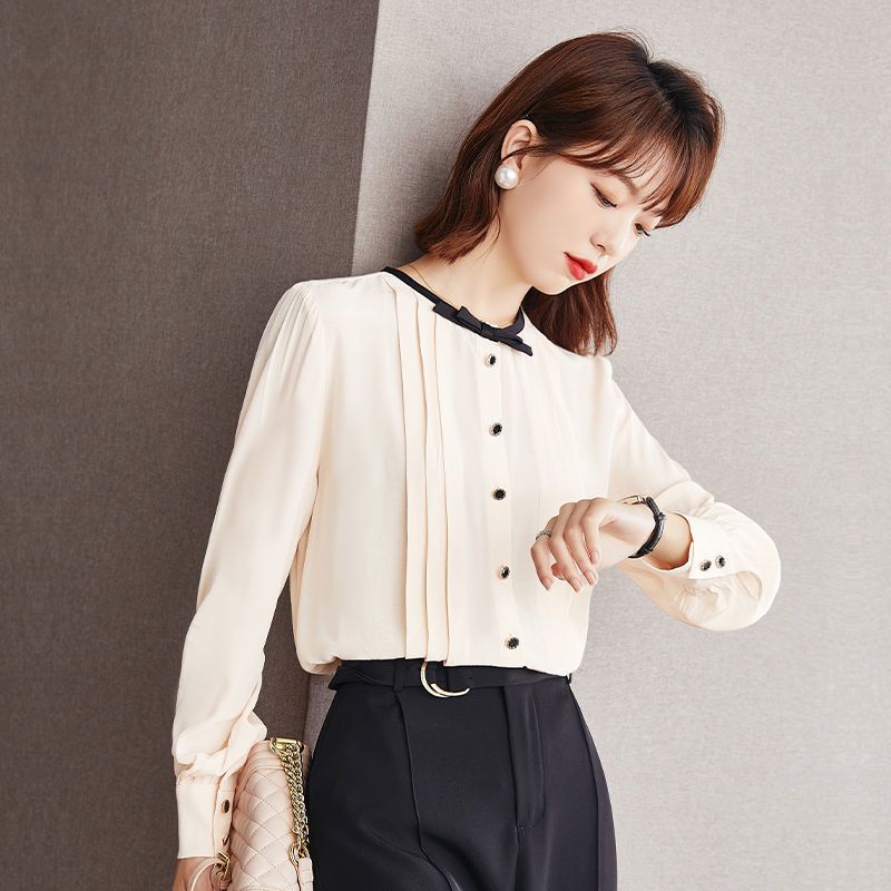 法曼斯女士缎面衬衫长袖衬衣设计感小众长袖法式甜美上衣雪纺衫