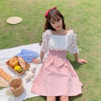 2021夏季方领连衣裙收腰显瘦一字肩气质女神范小清新露肩裙子女夏 粉色 均码[穿约90-120斤]