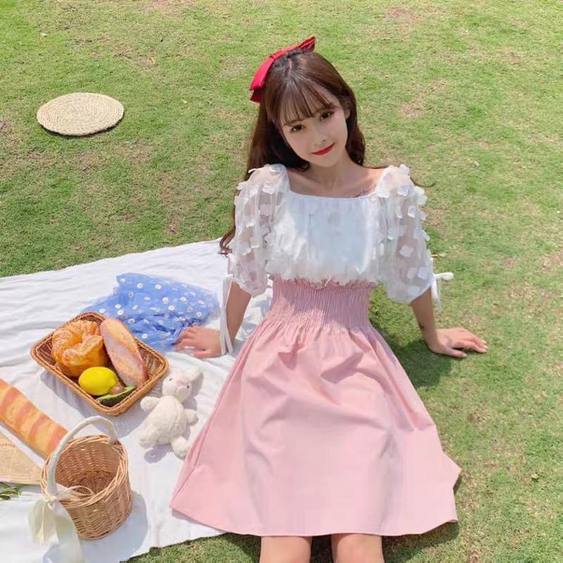 2021夏季方领连衣裙收腰显瘦一字肩气质女神范小清新露肩裙子女夏 粉色 均码[穿约90-120斤]
