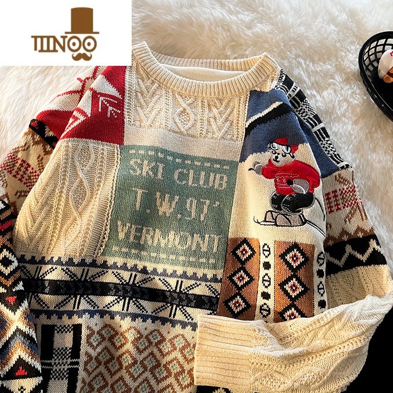 YANXU2023圣诞节毛衣男情侣学生ins潮牌日系美式复古加绒加厚线N S 加绒款杏色