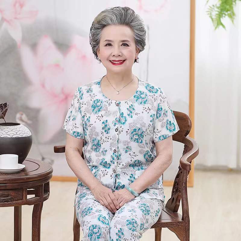 妈妈装夏装棉绸套装中老年人女装短袖开衫60岁70老太太绵绸奶奶装 莎丞