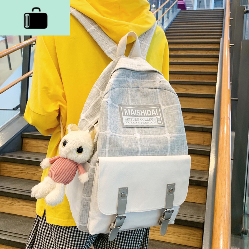 夏上新大容量帆布书包女韩版高中森系可爱初中生双肩女生上课背包NEWLAKE 灰色+升级加厚+送兔子挂件