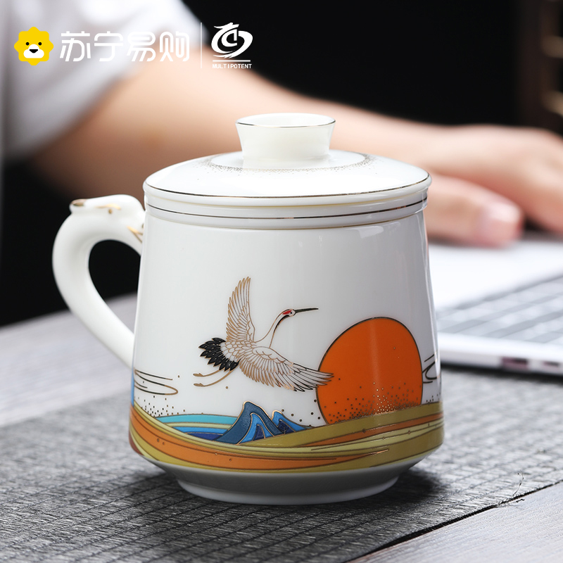 元青茶杯(MULTIPOTENT)玉瓷办公杯陶瓷带盖滤芯茶水分离过滤茶杯德化白瓷会议室水杯银鹤龙水杯礼盒装高清大图