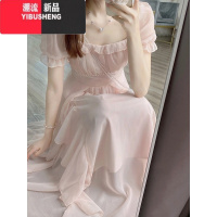 YIBUSHENG大码法式方领温柔风雪纺连衣裙女季胖妹妹收腰显瘦仙气长裙子