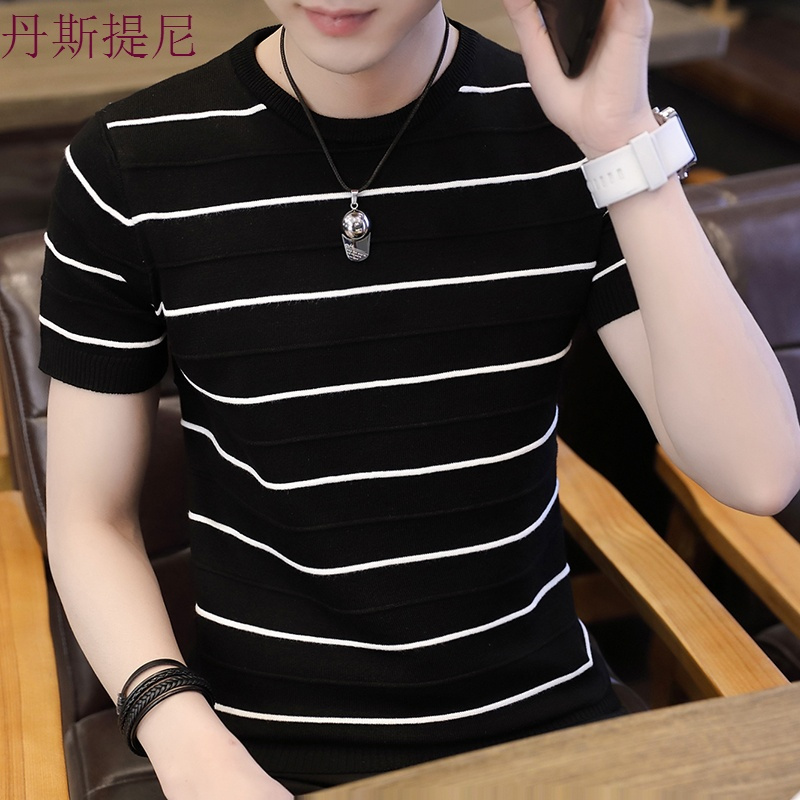 条纹针织小衫男士圆领修身潮流短袖T恤个性夏季2018新款衣服潮牌