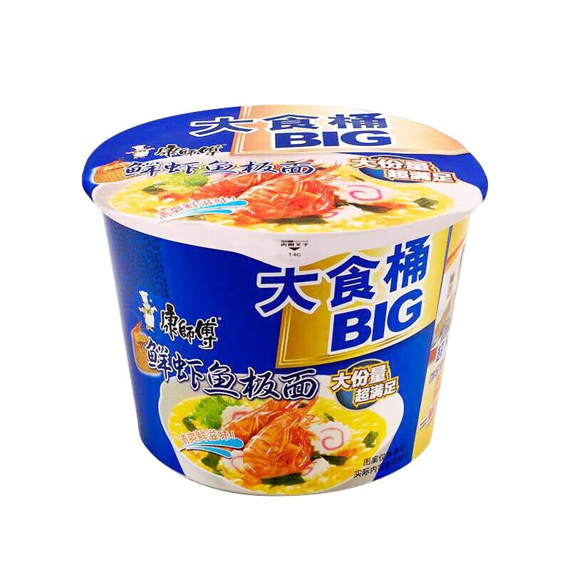 康师傅方便面大食桶鲜虾鱼板面136g桶装泡面休闲速食整箱学生宿舍夜宵
