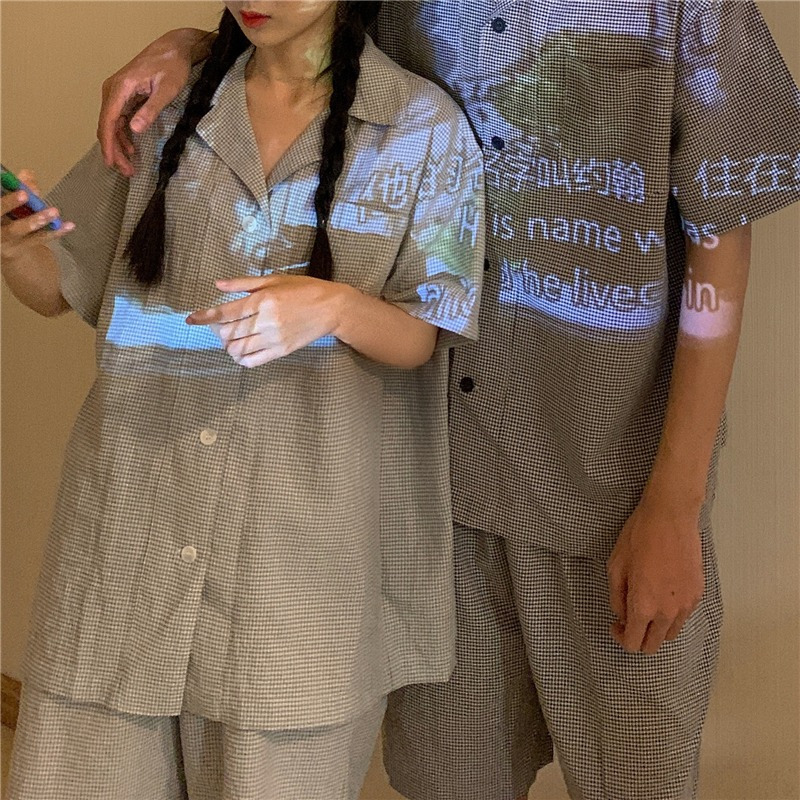 灰格女款 均码 韩版格子家居服套装短袖衬衫上衣短裤裤子女装夏季情侣睡衣两件套