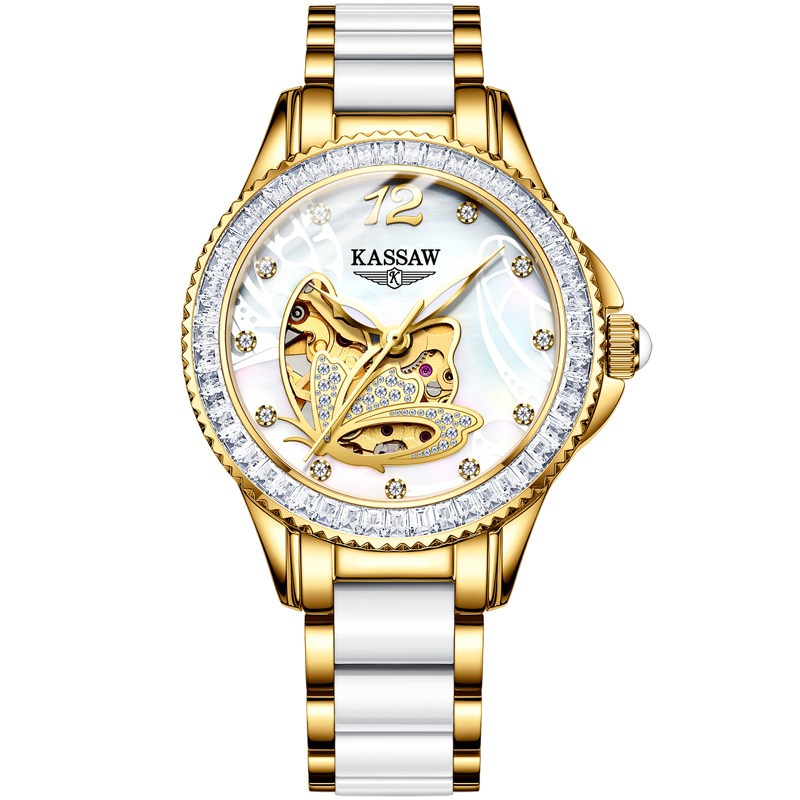 卡梭(KASSAW)手表女士白色新款自动机械表防水时尚商务陶瓷雕花镂空女表 K889L 奢耀黄金