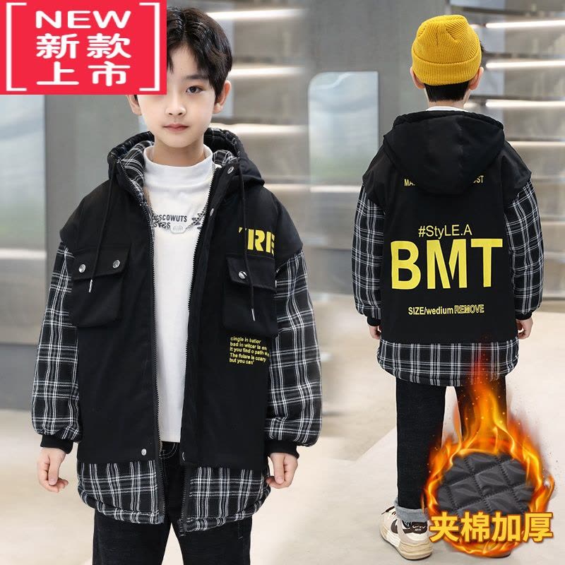 可莉允男童棉服冬季加绒保暖外套新品儿童冬装中长款帅气加厚派克服棉衣图片