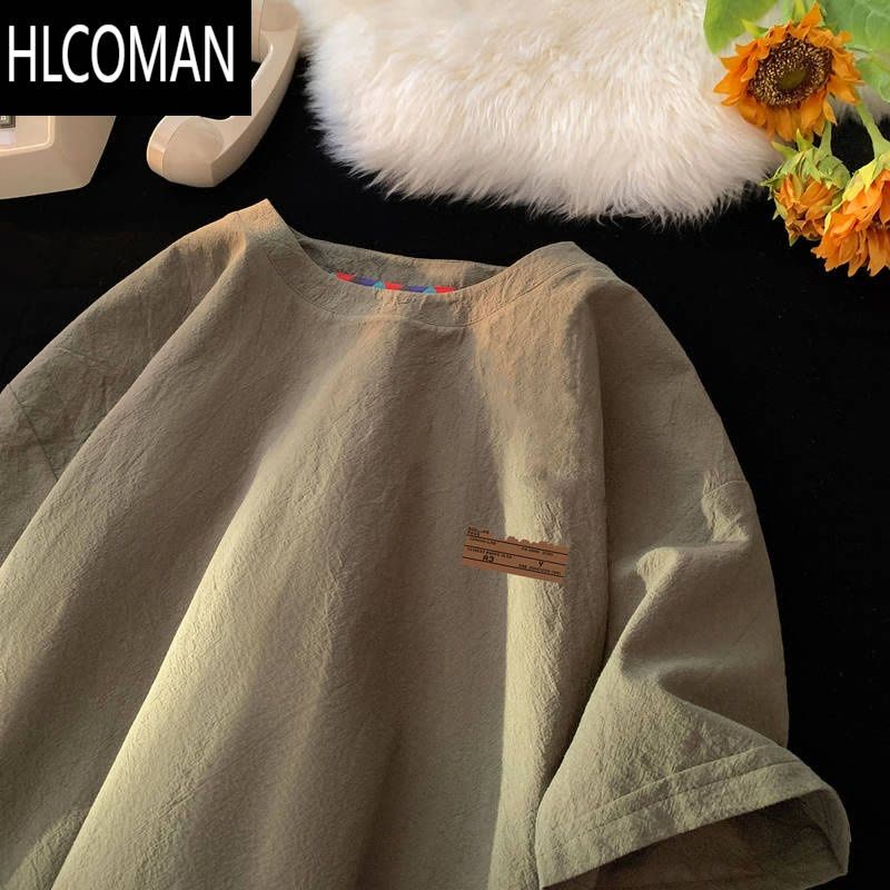 HLCOMAN杏色亚麻半袖速干男t恤棉麻圆领复古宽松短袖上衣服夏青少年图片