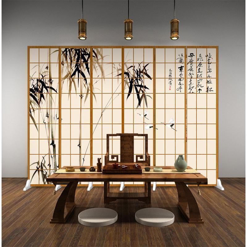 森美人日式仿木纹格子屏风隔断客厅现代简约双面移动布艺时尚可折叠折屏 酒红色6扇防透宽2.4米