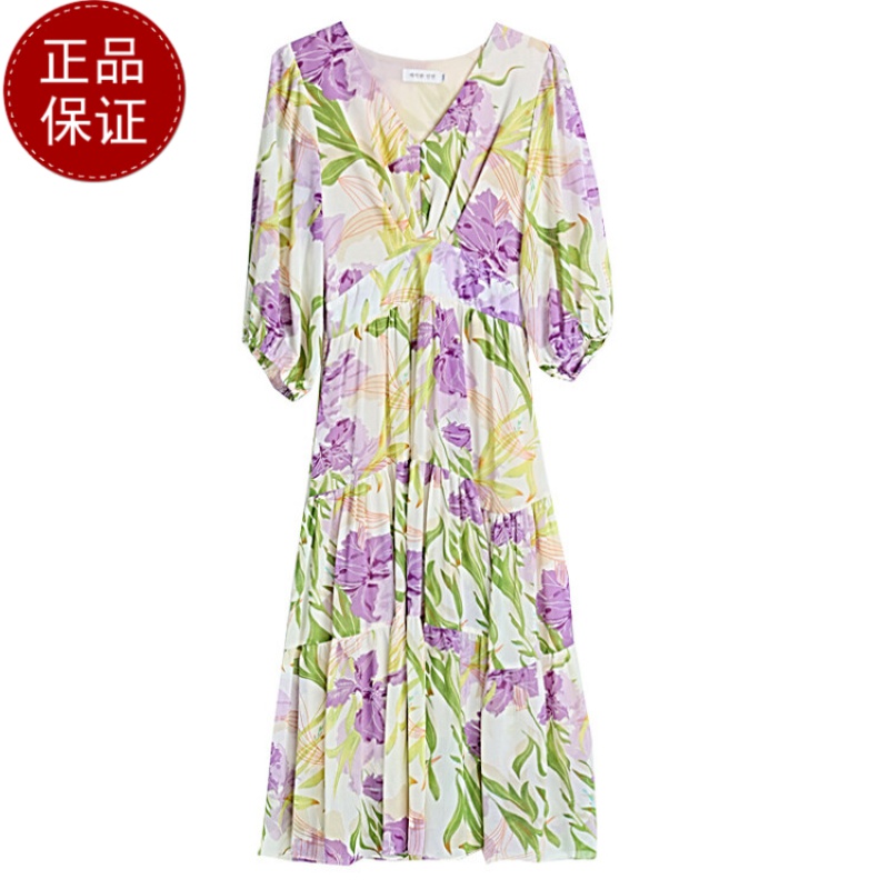 免费试穿 绿色碎花连衣裙女夏季新款超仙森系温柔风海边度真丝连衣裙2024新款遮肚子显瘦高级感小个子减龄妈妈裙子女高清大图