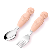 宝啦母婴婴幼儿童餐具不锈钢叉勺 儿童卡通小萌鸭水果叉辅食饭勺 宝宝外出便携叉勺盒--3068小萌叉勺樱花粉（送汽车盒）