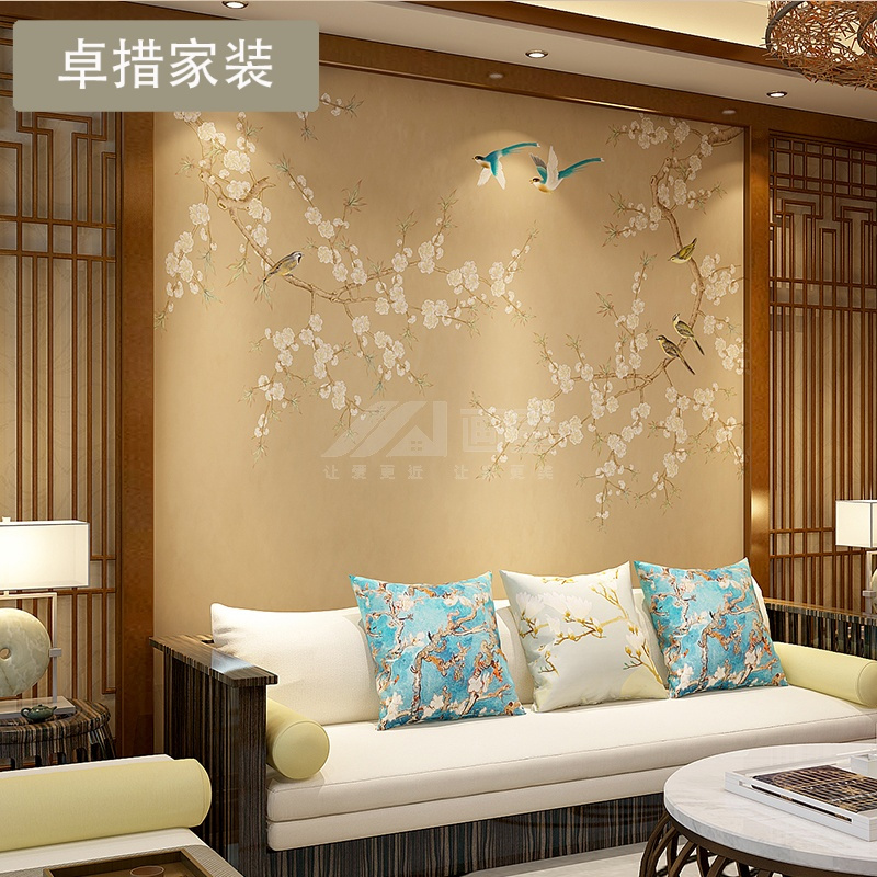 新中式手绘工笔山水复古花鸟墙纸壁画客厅沙电视背景墙装饰画壹德壹