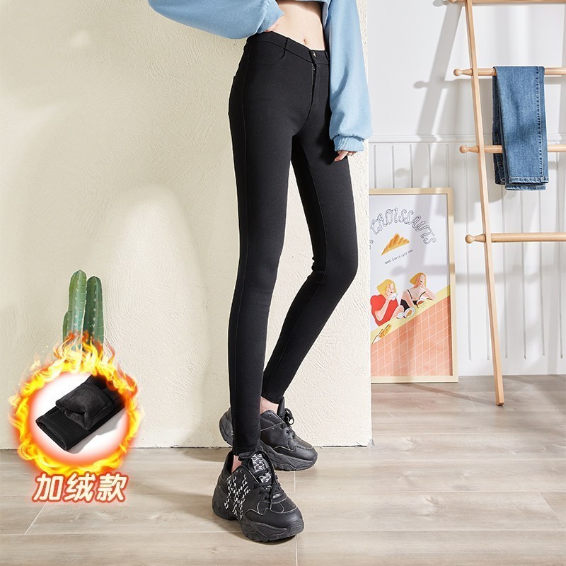 唐狮秋冬款打底裤女外穿加绒加厚魔术铅笔小黑裤高腰黑色保暖棉裤 L 黑色（一粒扣有拉链款）/加绒