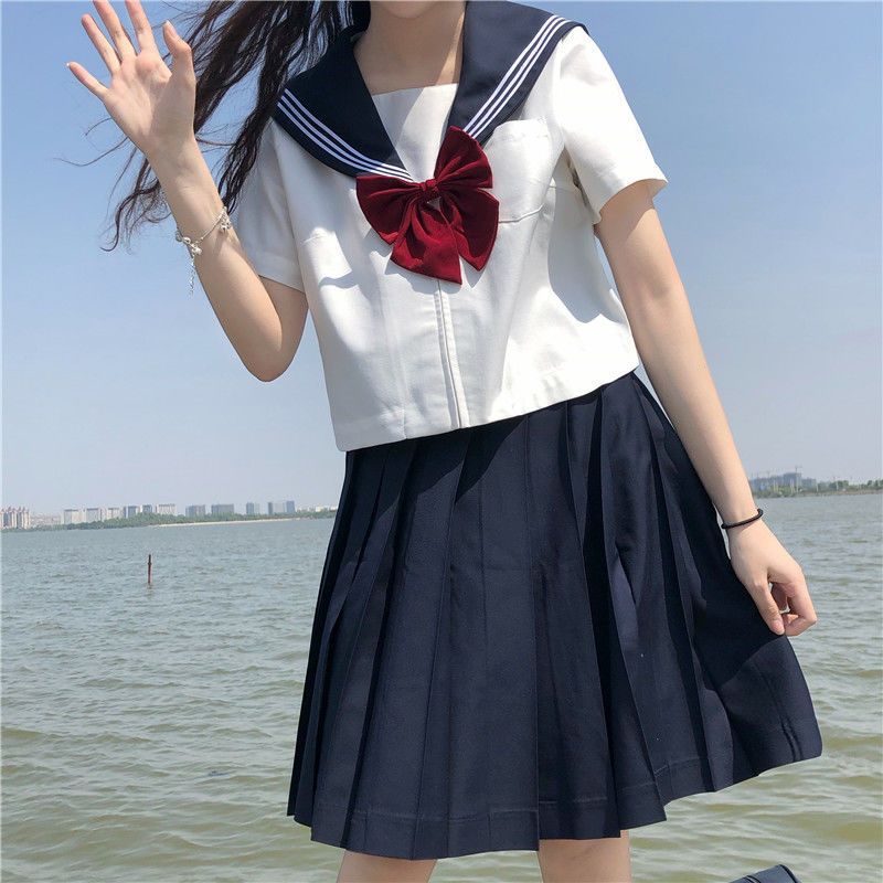 jk制服裙正版白三本基础款水手服学院风长裙套装全套大码原创制服绀领