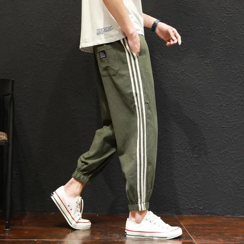 夏季休闲裤子男大码九分裤条纹日系宽松束脚裤运动亚麻潮流棉麻裤 莎丞图片