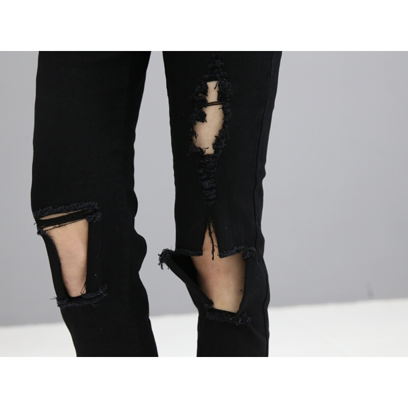 秋夏装加肥加大码高腰200斤胖mm破洞牛仔裤女装宽松九分小脚裤潮黑色