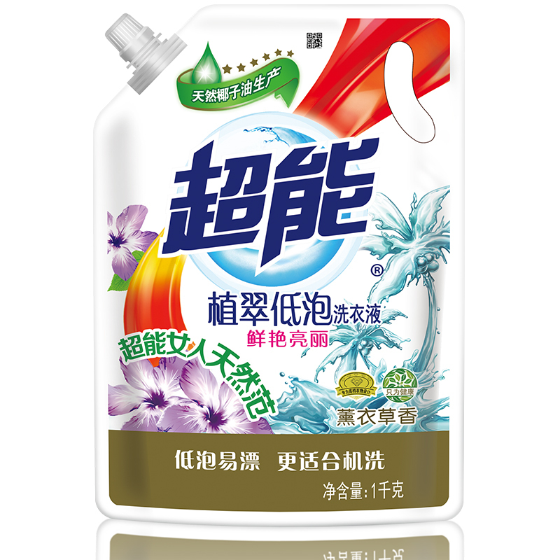 超能洗衣液时尚炫彩植翠低泡1kg*4袋家庭量贩装8斤 (鲜艳亮丽)