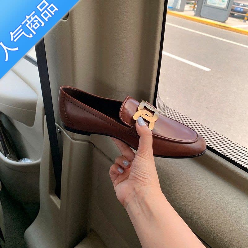 SUNTEK金属扣单鞋女鞋2023年春季复古平底乐福鞋一脚蹬小皮鞋百搭英伦风图片