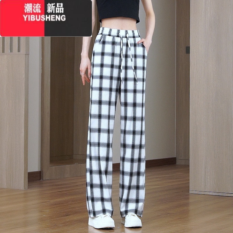 YIBUSHENG冰丝格子窄版阔腿裤女季薄款垂感宽松显瘦直筒百搭休闲裤棋盘S高清大图