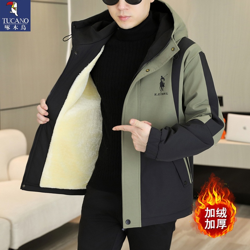 啄木鸟男士外套2025新款男士工装连帽加绒夹克冲锋衣冬季加厚棉工高清大图