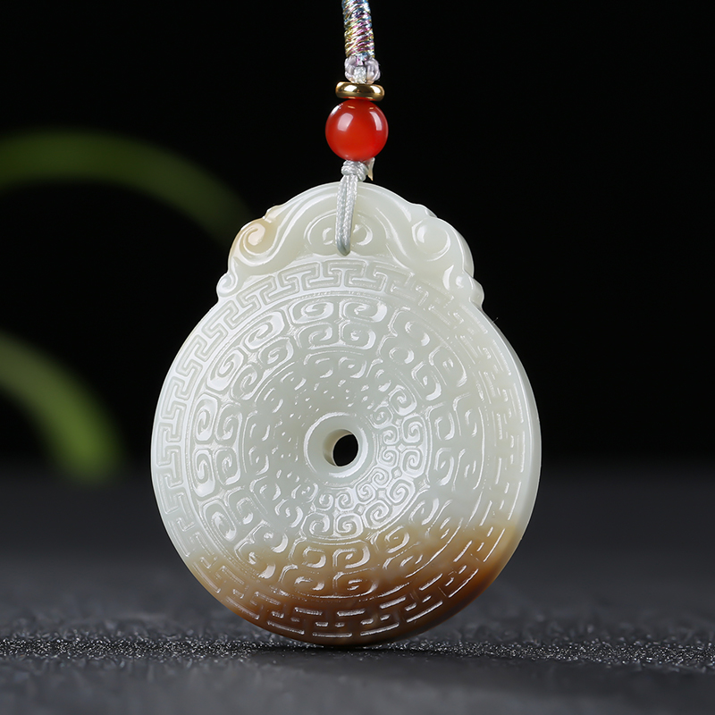[平平安安]新疆和田玉吊坠玉佩糖白玉仿古平安扣挂件天然玉石
