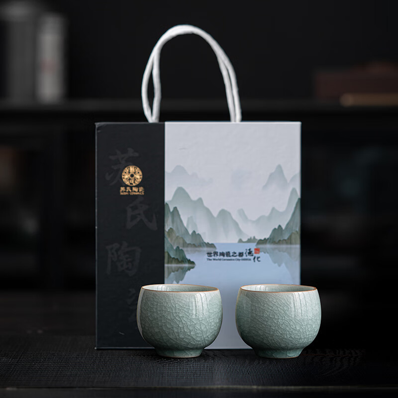 苏氏陶瓷(SUSHI CERAMICS)汝窑冰花釉禅悟杯开片养金线个人杯主人杯功夫茶杯2个礼盒装_
