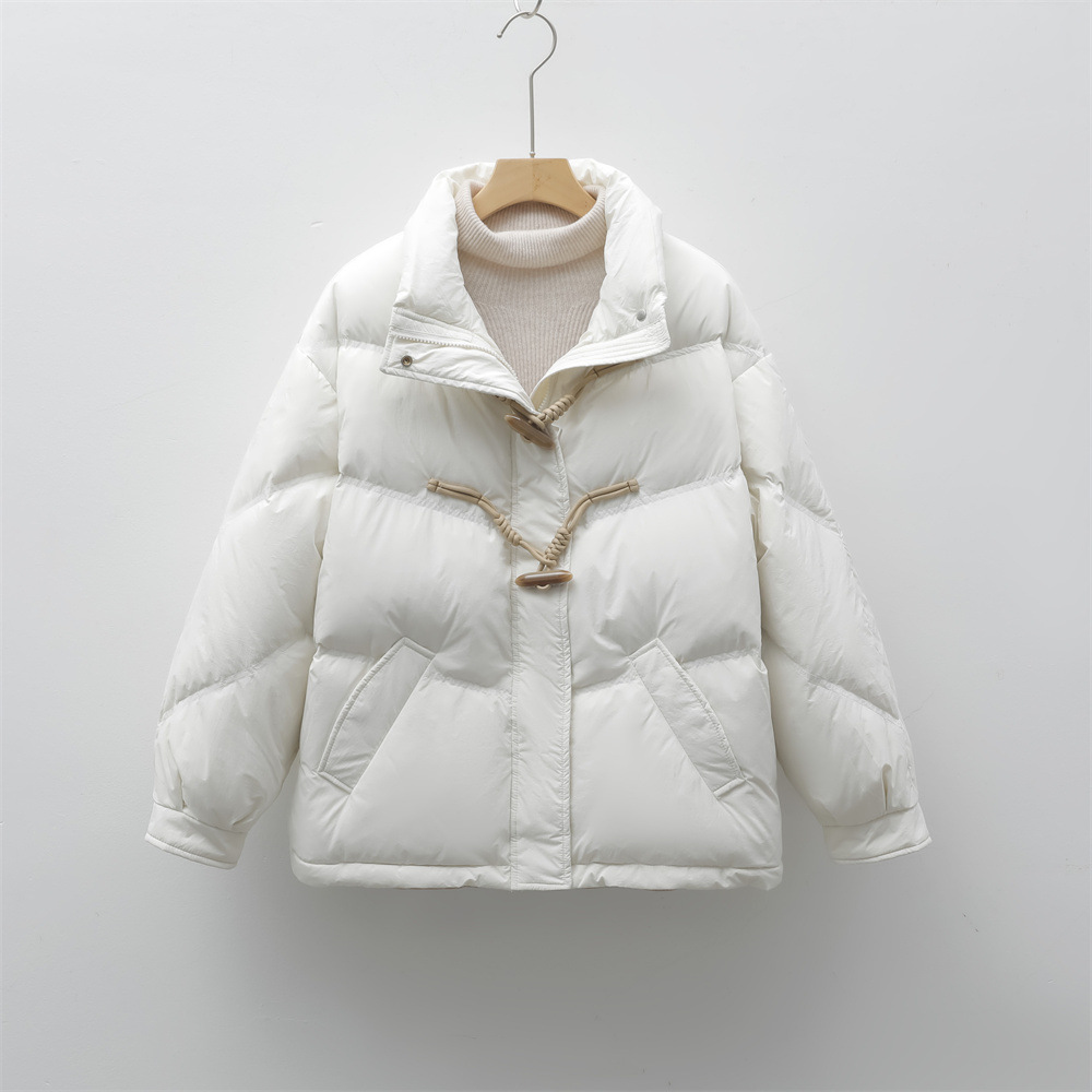 新款短款宽松灯芯绒面包服外套立领牛角扣羽绒服女_55高清大图