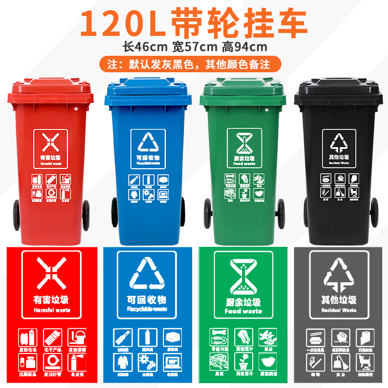 DXBG四色分类垃圾桶大号环保户外可回收带盖厨余商用餐厨公共场合 120L挂车带轮分类
