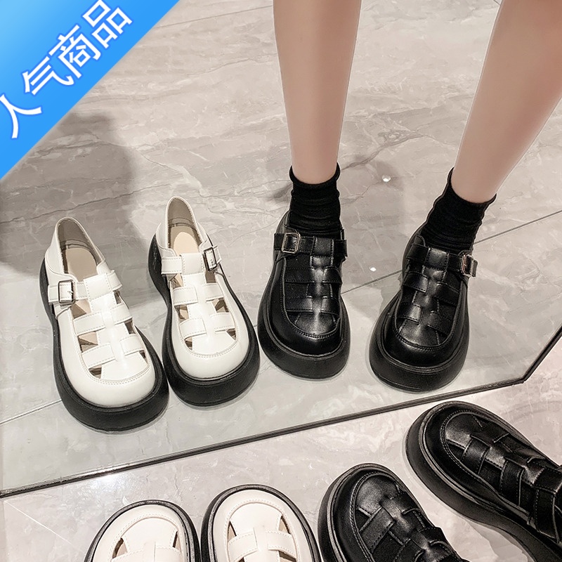 SUNTEK罗马凉鞋女2023年新款包头凉鞋女夏季松糕两穿镂空学院风大头鞋子高清大图