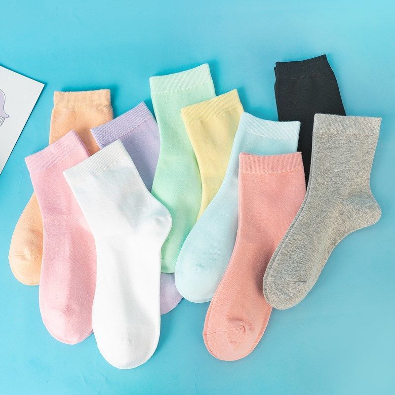 [5-8双]袜子女韩版中筒袜秋冬款纯色棉袜运动长筒袜高清大图
