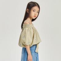 [99元3件]米喜迪mecity童装夏新款女童格纹抹肩可拆卸吊带两穿短袖衬衫
