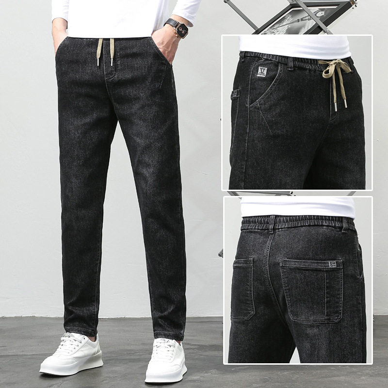 大码男装秋冬新款潮牌棉质弹力修身时尚加肥加大松紧腰男士牛仔裤 1209黑灰 6XL（230斤）