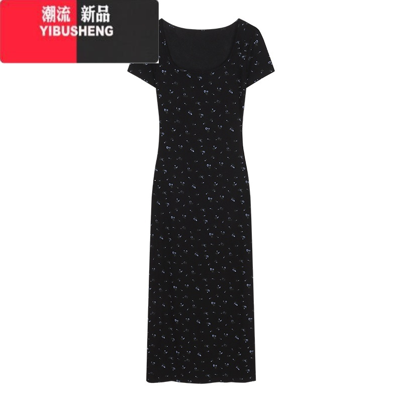 YIBUSHENG复古碎花方领短袖连衣裙女装季辣妹针织裙子黑色收腰包臀中长裙