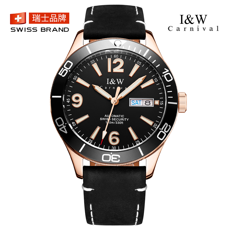 瑞士爱沃驰I&W CARNIVAL水鬼手表全自动机械表 男表进口机芯夜光100米深度防水真皮腕表鲨鱼系列IW-534 玫黑水鬼100米防水