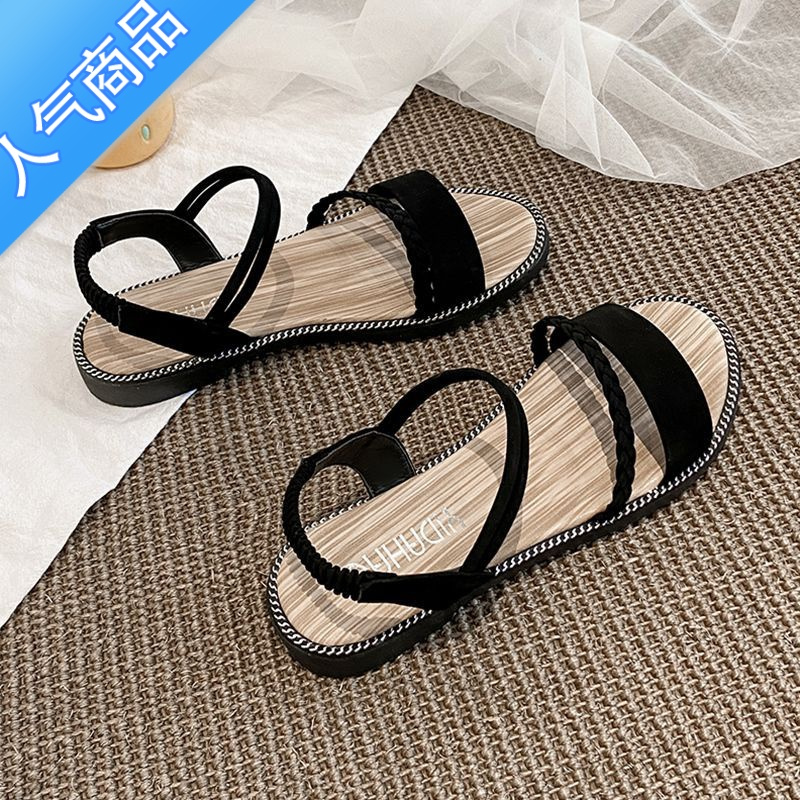 SUNTEK今年新款凉鞋女2023年夏季网红百搭学生配裙子沙滩软底平底罗马鞋