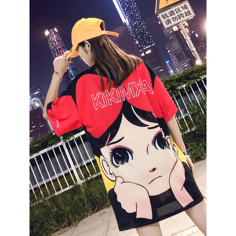 下衣失踪速干T恤女中长款2018夏宽松hiphop衣服卡通嘻哈少女上衣黑色(撑脸女孩)