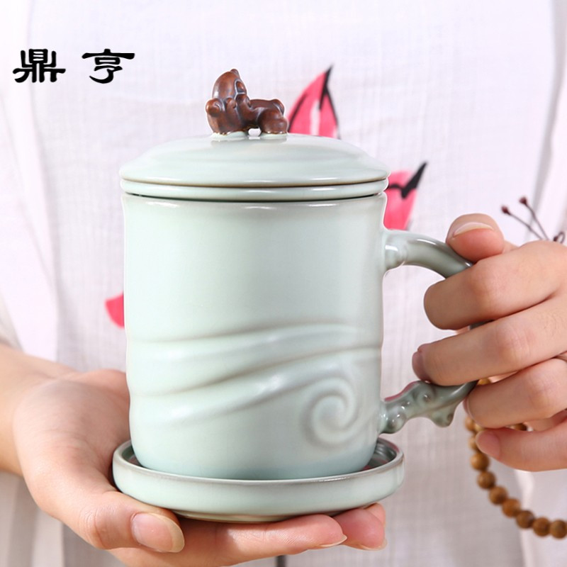 鼎亨汝窑茶杯带盖过滤个人杯可开片办公室泡茶陶瓷杯子四件套家用