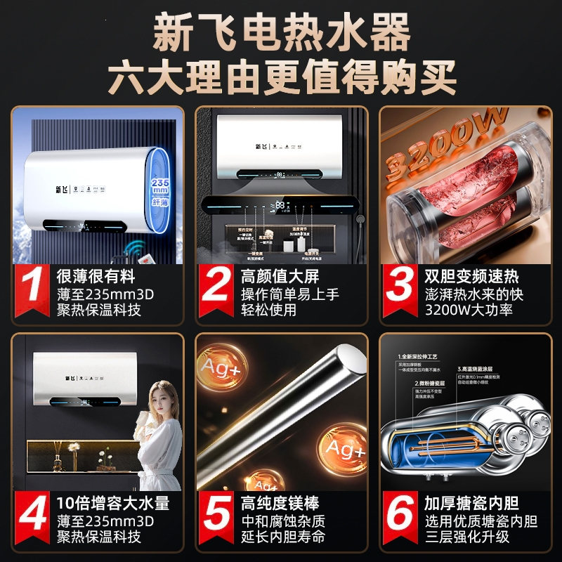 新飞Frestec电热水器洗澡家用卫生间扁桶储水式速热一级能效506080100L升_80升智能款-自行安装