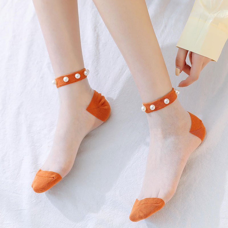 盛世尼曼珍珠袜子女短袜浅口夏季薄款透明女士网天女生玻璃丝水晶船袜